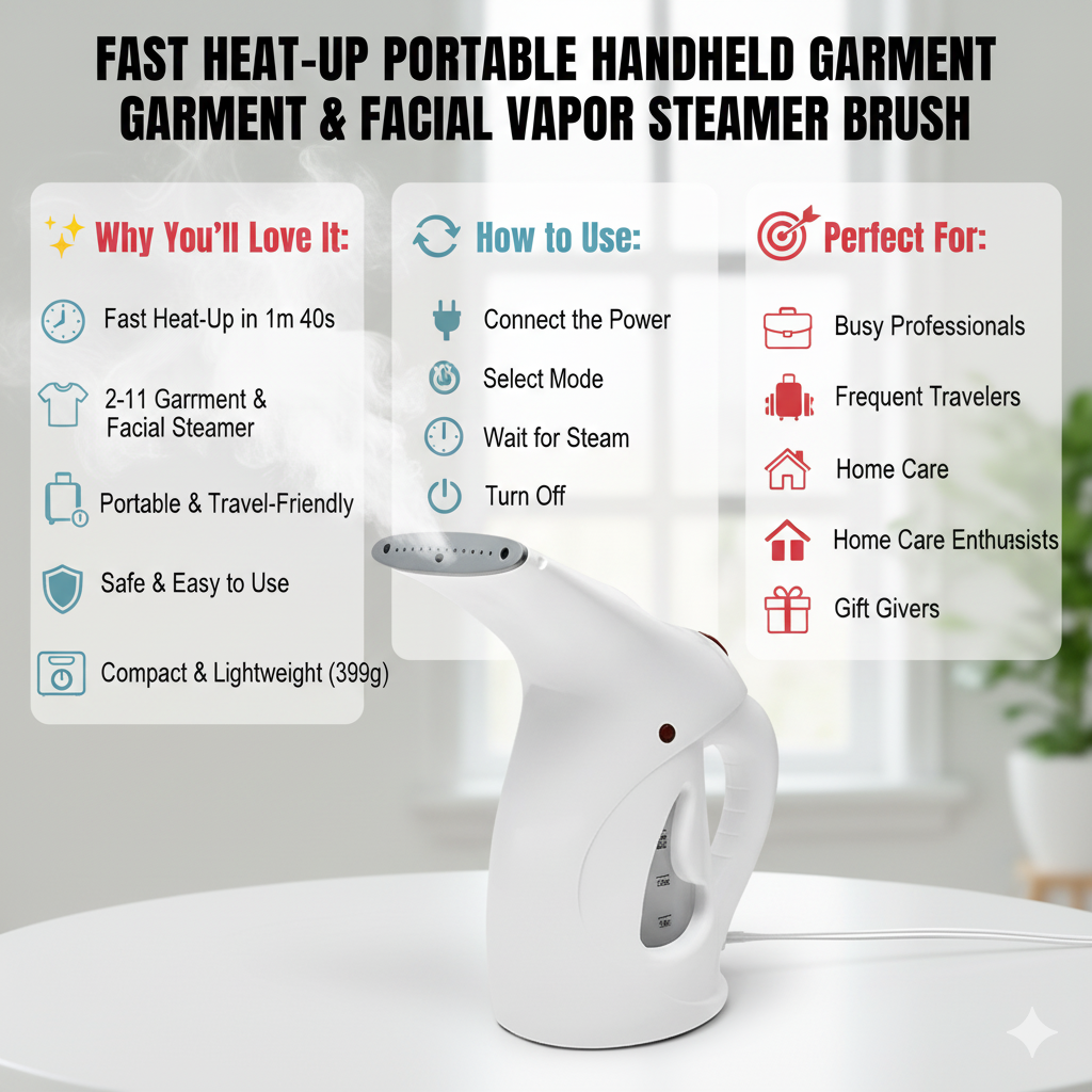 Fast Heat-up Portable Handheld Garment/Facial Vapor Steamer Iron Brush for Home and Travel Handy (Multicolour)
